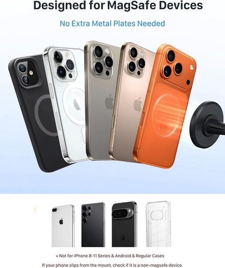 MagSafe Car Mount, Magnetic Phone Holder for Car Vent, [1s Installation & Full Rubber Protection], N55 Magnets for iPhone 17/16/15/14/13/12, Fits MagSafe Cases, No Metal Plate Needed