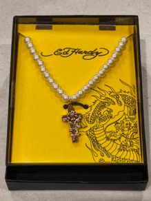 Ed Hardy Cross and Rose Thorn Custom Cast Crucifix and Pearl Necklace