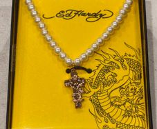 Ed Hardy Cross and Rose Thorn Custom Cast Crucifix and Pearl Necklace