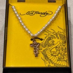 Ed Hardy Cross and Rose Thorn Custom Cast Crucifix and Pearl Necklace