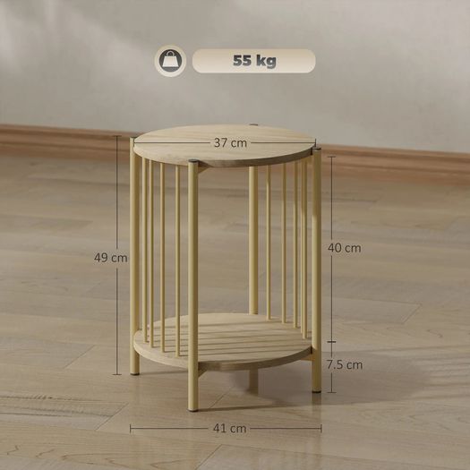 Side Table, 2-Tier End Table with Storage Shelf and Steel Frame,41 x 49 cm natural wood effect
