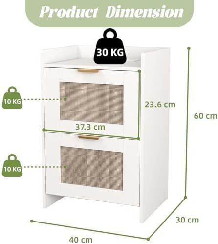 Bedside Table with Charging Station, Rattan Nightstand with 2 Storage Drawers, Side Table with Golden metal handle for Bedroom, Living Room Study,40x30x60cm(White)