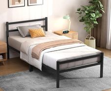 Single Bed Frames with Headboard 3ft Black Metal Small Single Bed Frame with Storage for Adult Teenagers Heavy Duty Non-Slip with Steel Slats No Box Spring Needed