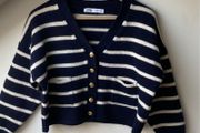 ZARA 100% Wool Cropped Striped Knit Cardigan Gold Buttons Cream Navy