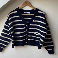 ZARA 100% Wool Cropped Striped Knit Cardigan Gold Buttons Cream Navy