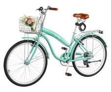 Women Bike, 66cm Beach Cruiser Bike, 7-Speed Adult City Bicycle with Carbon Steel Frame, 150kg Capacity, Basket, Rear Rack & Dual V-Brakes, Light Green
