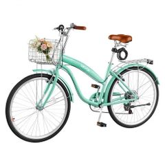 Women Bike, 66cm Beach Cruiser Bike, 7-Speed Adult City Bicycle with Carbon Steel Frame, 150kg Capacity, Basket, Rear Rack & Dual V-Brakes, Light Green