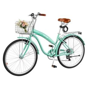 Women Bike, 66cm Beach Cruiser Bike, 7-Speed Adult City Bicycle with Carbon Steel Frame, 150kg Capacity, Basket, Rear Rack & Dual V-Brakes, Light Green