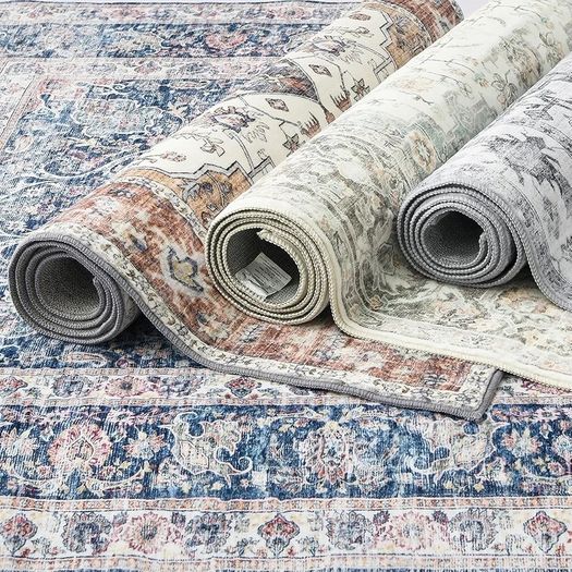 Rugs Living Room Large 160x230 cm Boho Vintage Area Rug Traditional Oriental Carpet Machine Washable Rugs Anti Slip Low Pile Rug Home Decor Office Carpet, Blue