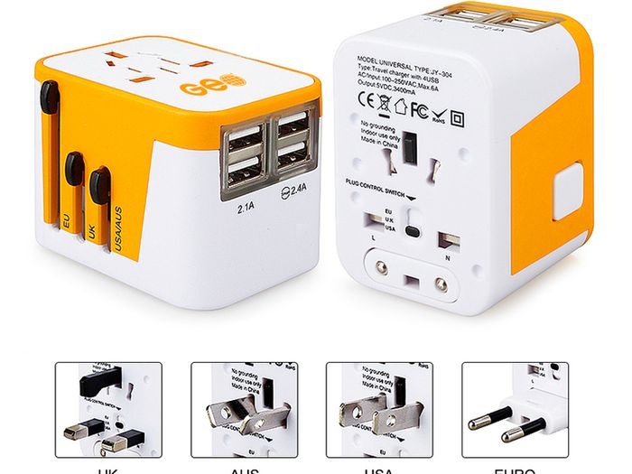New GEO Smart Travel Adapter with 4 USB Charging Ports, All-In-One Universal Plug / Safe Wall Charger with USB Surge Protection - 1 YEAR GUARANTEE