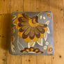 Decorative Grey upholstered footstool mustard embroidery wooden legs Image 2