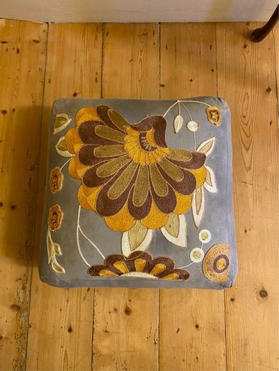 Decorative Grey upholstered footstool mustard embroidery wooden legs