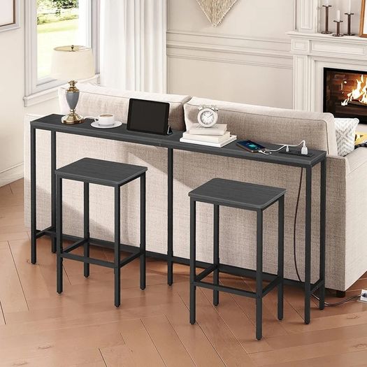 Skinny Console Table with Power Outlets, 160 cm Narrow Sofa Table, Behind Couch Table with Charging Station for Plants, Living Room, Black