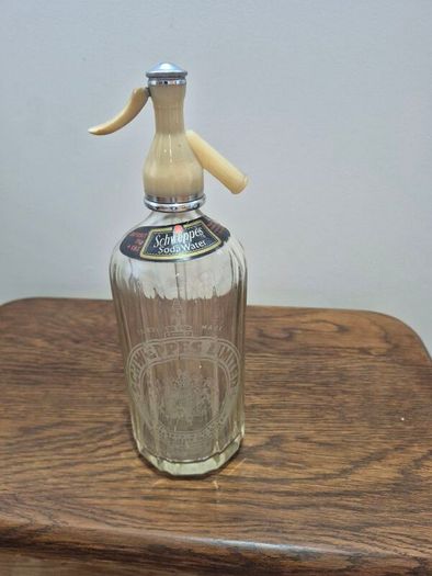Vintage 1950s Schweppes Glass Soda Siphon - Fully Intact with Original Neck Label