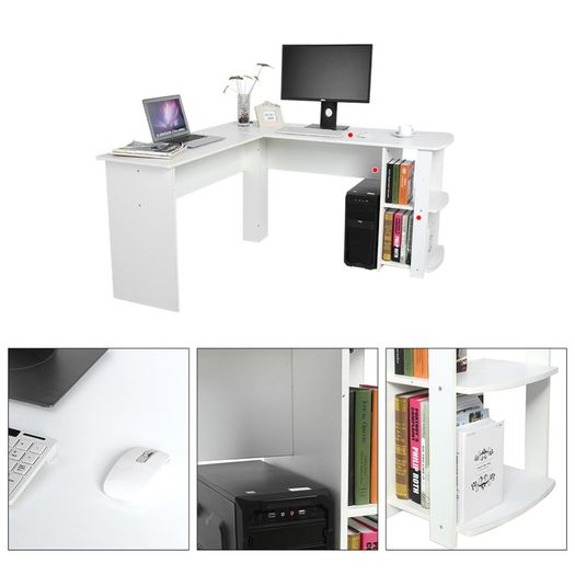 _Utility Wooden Office Computer Writing Desk Home Gaming PC Furnitur L-Shape Corner Study Computer Table With Book Shelf (white)