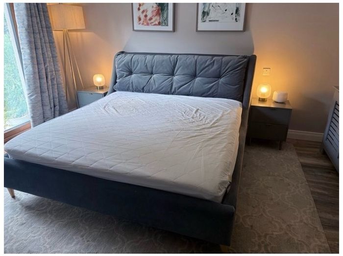 Luxury Super King Bed Frame Grey Green Fabric Headboard