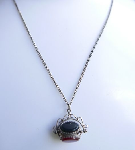 Victorian Sterling Silver 925 Triple Spinning Fob Pendant with  Chain (Onyx Agate Carnelian Spinning Fob) length 19" - 5g