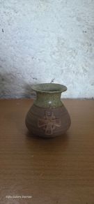 rustic stoneware bud vase with a Celtic cross motif