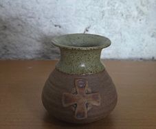 rustic stoneware bud vase with a Celtic cross motif