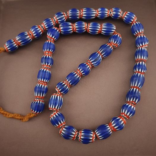 Antique Venetian Style Blue Chevron Glass Beads Necklace Strands