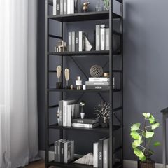 5 Tier Wood Bookshelf with Open Shelves, Rustic Standing Bookshelves, Metal Frame, Display Shelf for Living Room, Bedroom, Black