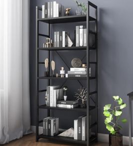 5 Tier Wood Bookshelf with Open Shelves, Rustic Standing Bookshelves, Metal Frame, Display Shelf for Living Room, Bedroom, Black