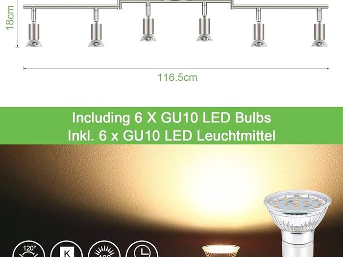NEW SALE | LED Ceiling Light Rotatable, 6 Way LED Ceiling Spotlight, Matt Nickel & Swivelling Design, for Kitchen, Living Room, Bedroom, Including 6X 4W GU10 LED Bulbs