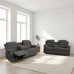 New 3+2 Grey Fabric Recliner Sofa With Cupholders