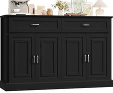 Sideboard 140cm Black Kitchen Storage Cabinet with Doors & Drawers Kitchen Buffet Cabinet with Adjustable Shelves and Raised Base, Large Sideboard for Living Room Dining Room 140x39.5x92.2cm