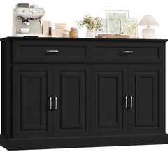 Sideboard 140cm Black Kitchen Storage Cabinet with Doors & Drawers Kitchen Buffet Cabinet with Adjustable Shelves and Raised Base, Large Sideboard for Living Room Dining Room 140x39.5x92.2cm