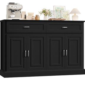 Sideboard 140cm Black Kitchen Storage Cabinet with Doors & Drawers Kitchen Buffet Cabinet with Adjustable Shelves and Raised Base, Large Sideboard for Living Room Dining Room 140x39.5x92.2cm