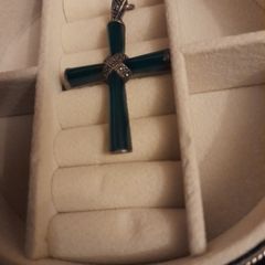 Silver Cross with green stone and marcasite in the middle and on the bail. 5cms x 3cms