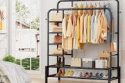 Clothes Rails for Bedroom - Heavy Duty Clothes Rail with Double Hanging Clothing Rail, Shoe Rack, Storage Shelves &amp; 4 Coat Hooks, Clothes Rack for Closet, Laundry, Shop (Modern, Black)