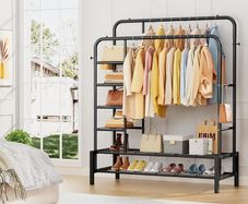 Clothes Rails for Bedroom - Heavy Duty Clothes Rail with Double Hanging Clothing Rail, Shoe Rack, Storage Shelves & 4 Coat Hooks, Clothes Rack for Closet, Laundry, Shop (Modern, Black)