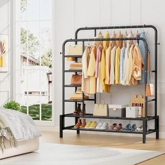Clothes Rails for Bedroom - Heavy Duty Clothes Rail with Double Hanging Clothing Rail, Shoe Rack, Storage Shelves & 4 Coat Hooks, Clothes Rack for Closet, Laundry, Shop (Modern, Black)