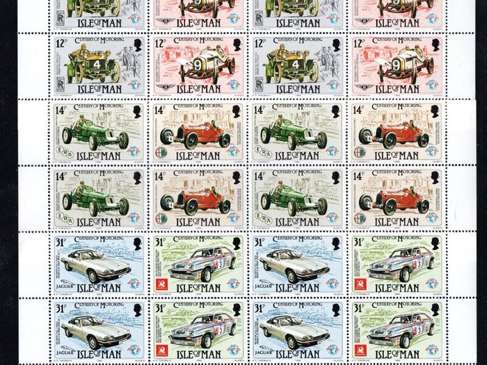 1985 Isle of Man Century of Motoring Commemorative Stamp End blocks of 8 Mint Never Hinged (MNH)