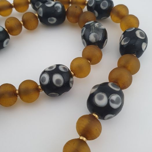 Antique Venetian African Style Eyes & Yellow Brown African Glass Beads Necklaces