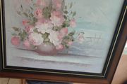 Framed still Life Flowers Original Oil On Canvas Signed Of Pink Roses In Vase On Window Sell With Sea View.