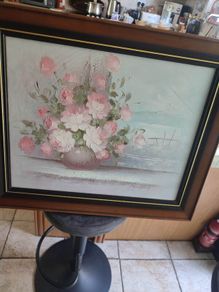 Framed still Life Flowers Original Oil On Canvas Signed Of Pink Roses In Vase On Window Sell With Sea View.