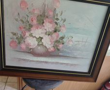 Framed still Life Flowers Original Oil On Canvas Signed Of Pink Roses In Vase On Window Sell With Sea View.