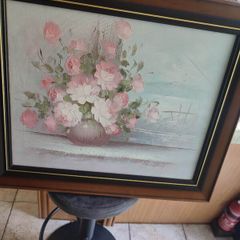 Framed still Life Flowers Original Oil On Canvas Signed Of Pink Roses In Vase On Window Sell With Sea View.