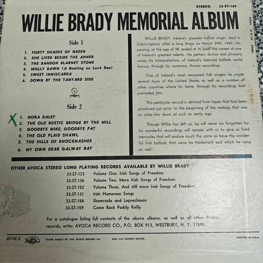 Willie Brady Memorial Album, Ireland's Beloved Ballad Singer (LP, 1970), Irish Folk Trad,