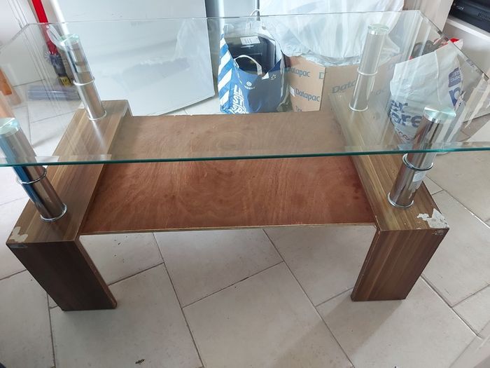 Glass Coffee Table with Timber Shelf, 109cm long x 60cm  wide x 56cm high