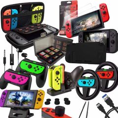Accessory Bundle Kit designed for Nintendo Switch Accessories Geeks and OLED console users Case and Screen Protector, Joycon Grips and Wheels for enhanced games