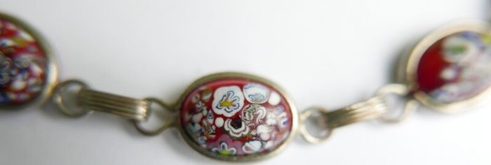 Vintage Glass Millefiori Red Italian Link Bracelet length 8"