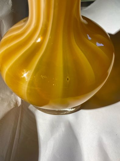 Vintage mid centuty Italian murano style hand blown art glass vase yellow & white swirls