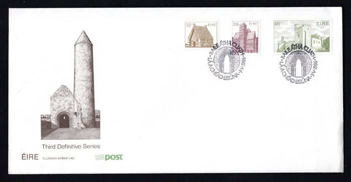 1986 Ireland Architecture Definitive (Third) Stamp Series (32p St MacDara's Island, Co. Galway, 39p Cormac's Chapel, Tipperary & 46p Cahir Castle, Cahir, Co. Tipperary An Post First Day Cover (FDC)