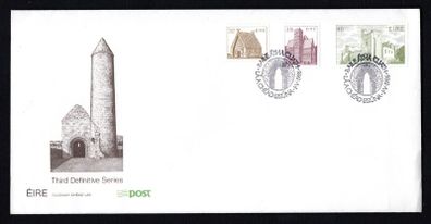 1986 Ireland Architecture Definitive (Third) Stamp Series (32p St MacDara's Island, Co. Galway, 39p Cormac's Chapel, Tipperary & 46p Cahir Castle, Cahir, Co. Tipperary An Post First Day Cover (FDC)