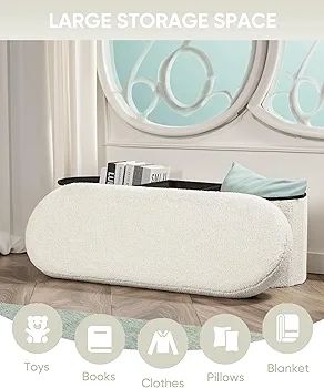 Folding Ottoman Storage Bench,Boucle Footstool Oval, End of Bed Stool, Ideal for Living Room, Bedroom, 100L Storage Space,White,110x38x38cm