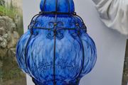 Seguso Murano Cobalt Blue Blown Detailed Lantern Chandelier Pendant Midcentury Vintage Designer